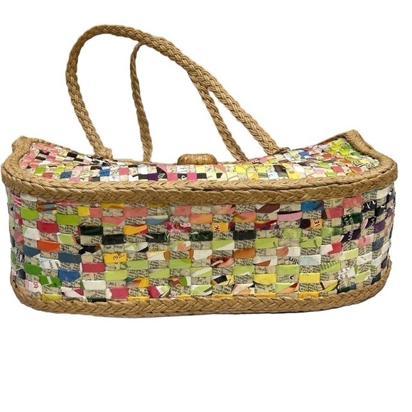 Hip Handwoven Multicolored Eco-friendly Recycled Hardshell Paper Handbag EUC - Picture 7 of 9